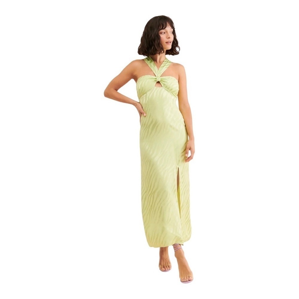 Saylor‎ Connor Animal Print Satin Jacquard high Slit Mid Dress in Green